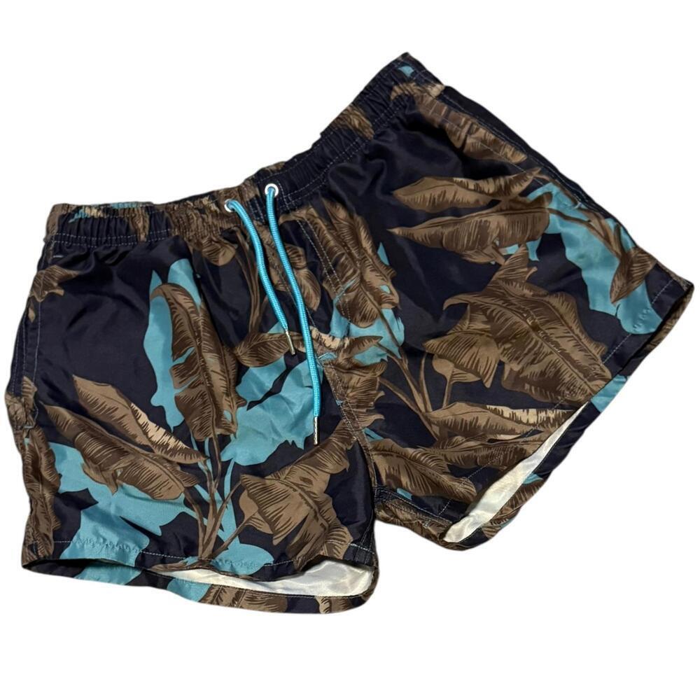 Seobean Women’s Tropical Leaf Print Swim Shorts Navy Brown Teal Size M